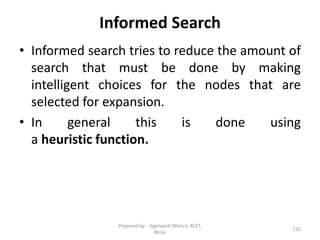 Informed Search
• Informed search tries to reduce the amount of
search that must be done by making
intelligent choices for the nodes that are
selected for expansion.
• In general this is done using
a heuristic function.
132
Prepared by : -Agniwesh Mishra, RCET,
Bhilai
 