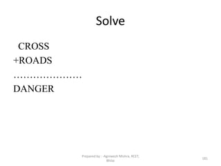 Solve
CROSS
+ROADS
…………………
DANGER
181
Prepared by : -Agniwesh Mishra, RCET,
Bhilai
 