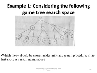 Example 1: Considering the following
game tree search space
199
•Which move should be chosen under min-max search procedure, if the
first move is a maximizing move?
Prepared by : -Agniwesh Mishra, RCET,
Bhilai
 