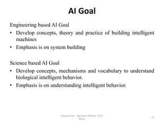 AI Goal
Engineering based AI Goal
• Develop concepts, theory and practice of building intelligent
machines
• Emphasis is on system building
Science based AI Goal
• Develop concepts, mechanisms and vocabulary to understand
biological intelligent behavior.
• Emphasis is on understanding intelligent behavior.
21
Prepared by : -Agniwesh Mishra, RCET,
Bhilai
 