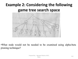 Example 2: Considering the following
game tree search space
212
•What node would not be needed to be examined using alpha-beta
pruning technique?
Prepared by : -Agniwesh Mishra, RCET,
Bhilai
 