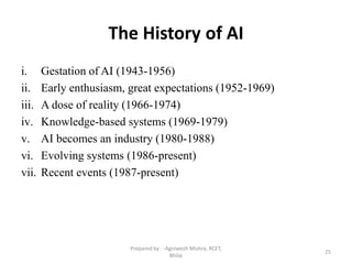 25
The History of AI
i. Gestation of AI (1943-1956)
ii. Early enthusiasm, great expectations (1952-1969)
iii. A dose of reality (1966-1974)
iv. Knowledge-based systems (1969-1979)
v. AI becomes an industry (1980-1988)
vi. Evolving systems (1986-present)
vii. Recent events (1987-present)
Prepared by : -Agniwesh Mishra, RCET,
Bhilai
 