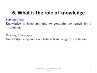 70
6. What is the role of knowledge
Playing Chess
Knowledge is important only to constrain the search for a
solution.
Reading Newspaper
Knowledge is required even to be able to recognize a solution.
Prepared by : -Agniwesh Mishra, RCET,
Bhilai
 