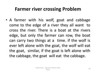 Farmer river crossing Problem
• A farmer with his wolf, goat and cabbage
come to the edge of a river they all want to
cross the river. There is a boat at the rivers
edge, but only the farmer can row, the boat
can carry two things at a time. if the wolf is
ever left alone with the goat, the wolf will eat
the goat, similar, if the goat is left alone with
the cabbage, the goat will eat the cabbage.
90
Prepared by : -Agniwesh Mishra, RCET,
Bhilai
 