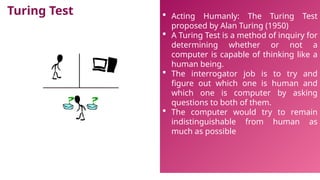  Acting Humanly: The Turing Test
proposed by Alan Turing (1950)
 A Turing Test is a method of inquiry for
determining whether or not a
computer is capable of thinking like a
human being.
 The interrogator job is to try and
figure out which one is human and
which one is computer by asking
questions to both of them.
 The computer would try to remain
indistinguishable from human as
much as possible
Turing Test
 