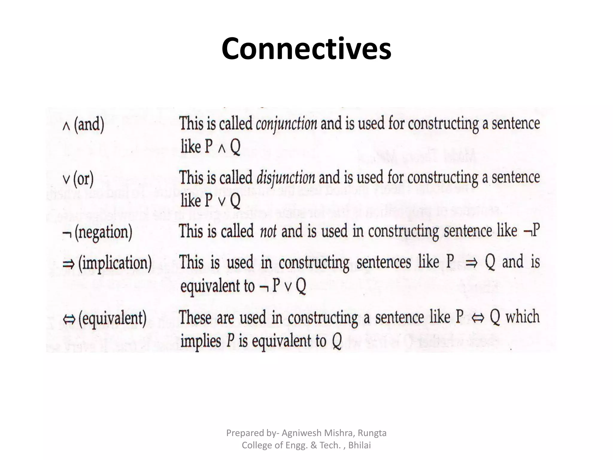 Connectives
Prepared by- Agniwesh Mishra, Rungta
College of Engg. & Tech. , Bhilai
 