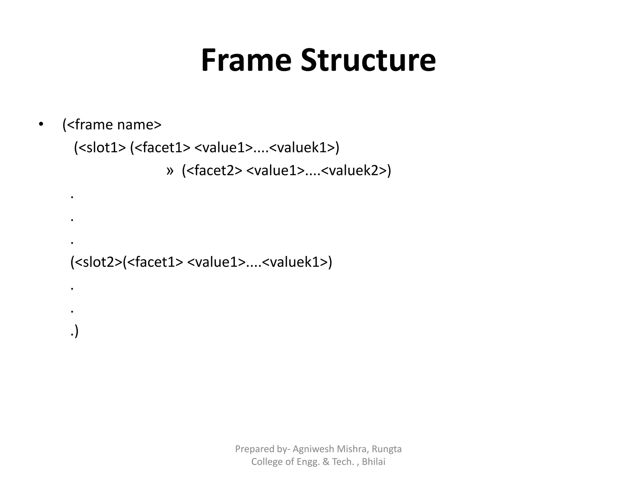 Frame Structure
• (<frame name>
(<slot1> (<facet1> <value1>....<valuek1>)
» (<facet2> <value1>....<valuek2>)
.
.
.
(<slot2>(<facet1> <value1>....<valuek1>)
.
.
.)
Prepared by- Agniwesh Mishra, Rungta
College of Engg. & Tech. , Bhilai
 