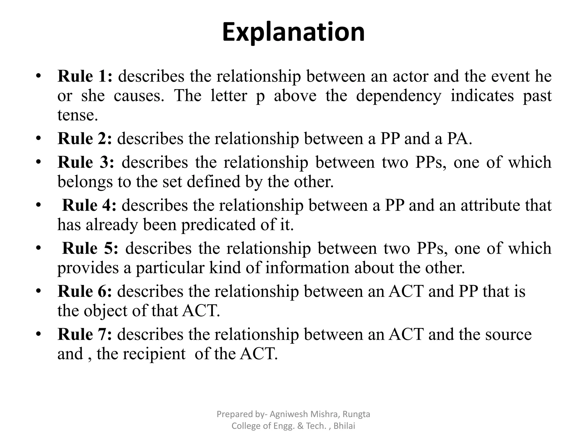 Explanation
• Rule 1: describes the relationship between an actor and the event he
or she causes. The letter p above the dependency indicates past
tense.
• Rule 2: describes the relationship between a PP and a PA.
• Rule 3: describes the relationship between two PPs, one of which
belongs to the set defined by the other.
• Rule 4: describes the relationship between a PP and an attribute that
has already been predicated of it.
• Rule 5: describes the relationship between two PPs, one of which
provides a particular kind of information about the other.
• Rule 6: describes the relationship between an ACT and PP that is
the object of that ACT.
• Rule 7: describes the relationship between an ACT and the source
and , the recipient of the ACT.
Prepared by- Agniwesh Mishra, Rungta
College of Engg. & Tech. , Bhilai
 