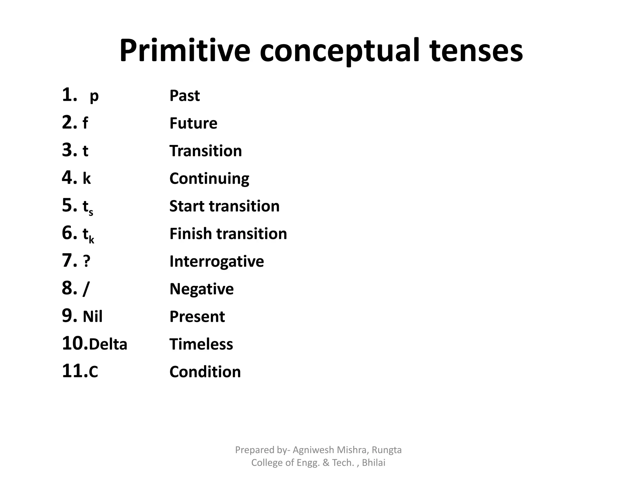 Primitive conceptual tenses
1. p Past
2. f Future
3. t Transition
4. k Continuing
5. ts Start transition
6. tk Finish transition
7. ? Interrogative
8. / Negative
9. Nil Present
10.Delta Timeless
11.C Condition
Prepared by- Agniwesh Mishra, Rungta
College of Engg. & Tech. , Bhilai
 