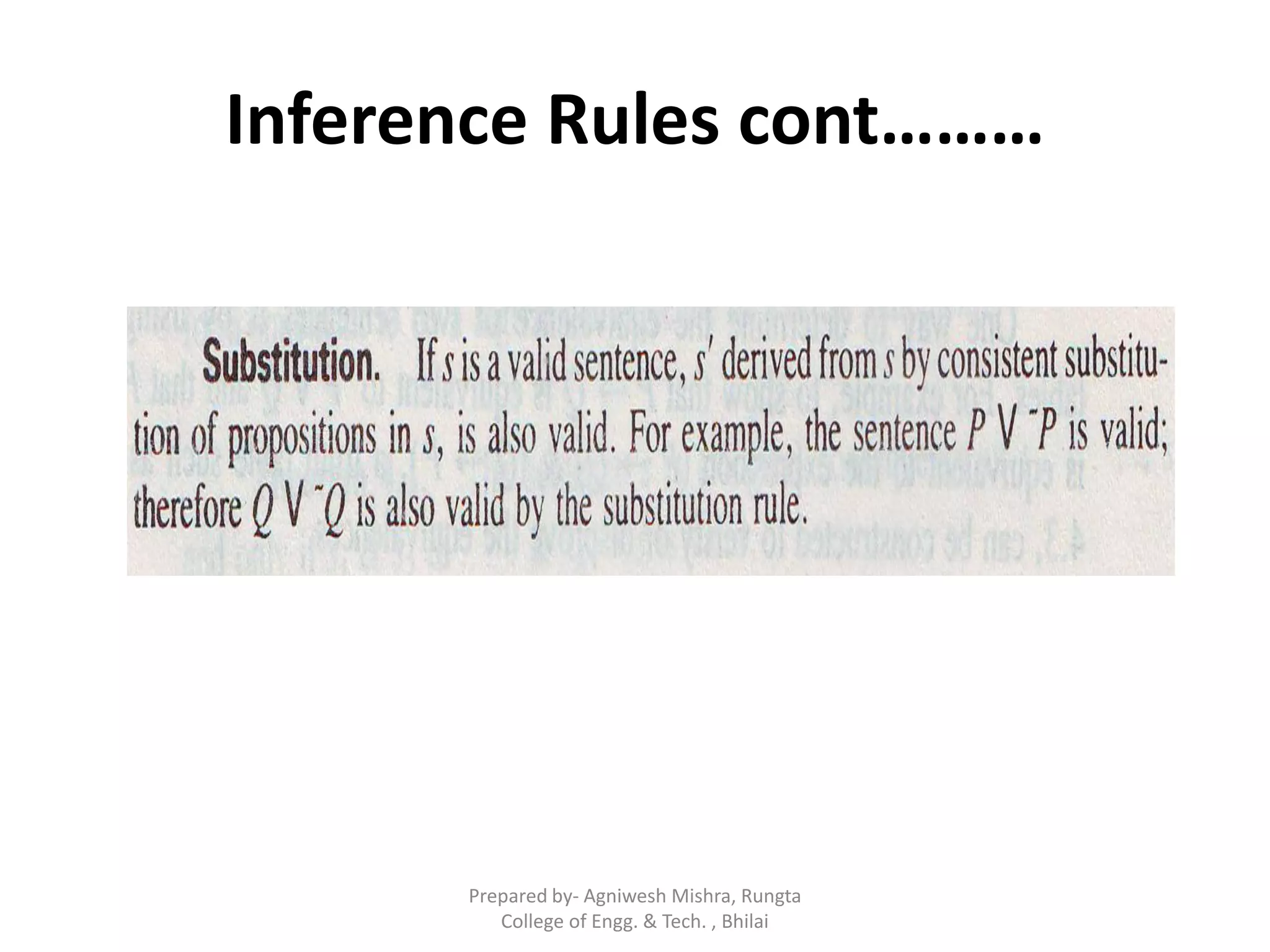 Inference Rules cont………
Prepared by- Agniwesh Mishra, Rungta
College of Engg. & Tech. , Bhilai
 