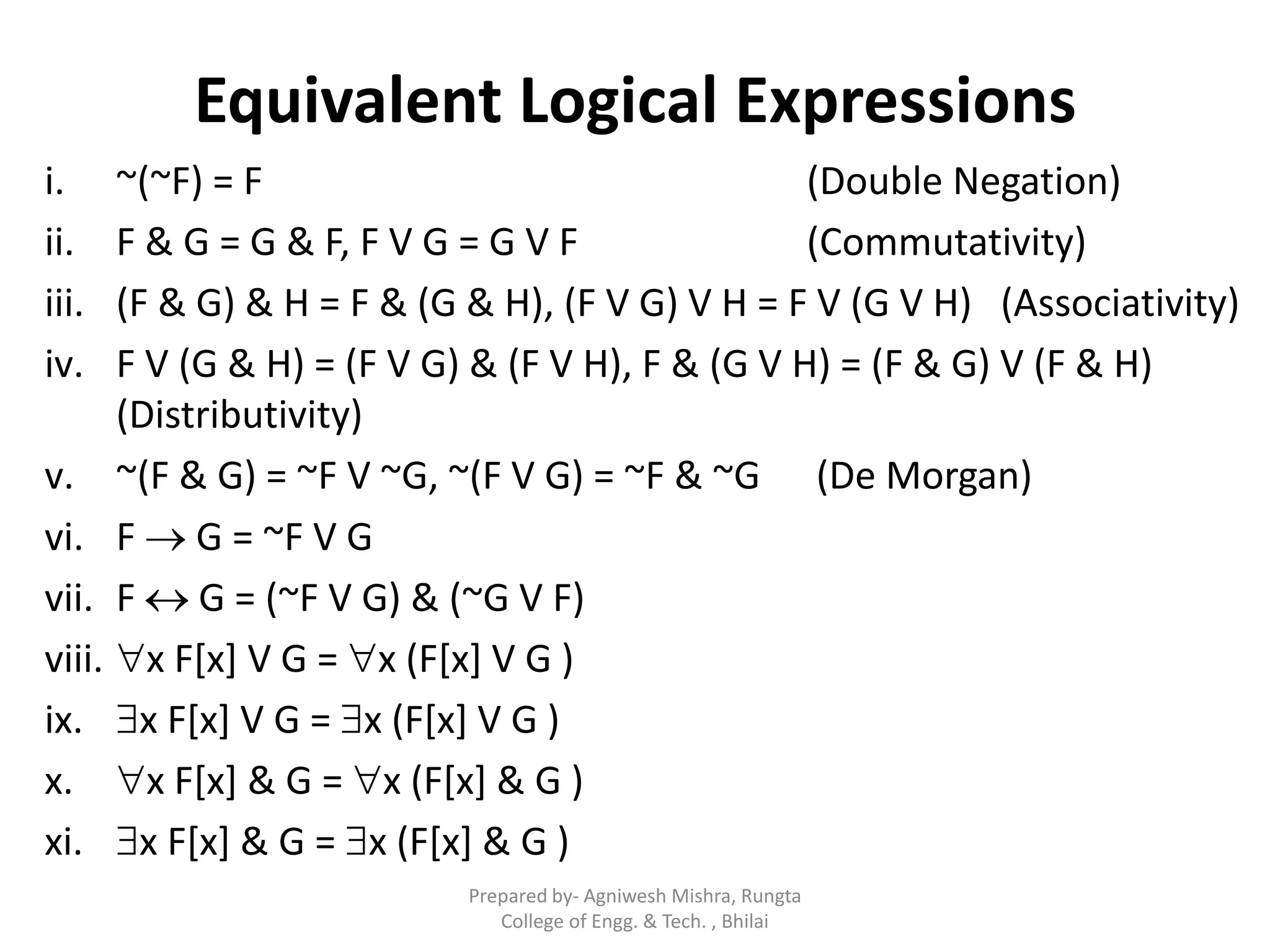 Equivalent Logical Expressions
i. ~(~F) = F (Double Negation)
ii. F & G = G & F, F V G = G V F (Commutativity)
iii. (F & G) & H = F & (G & H), (F V G) V H = F V (G V H) (Associativity)
iv. F V (G & H) = (F V G) & (F V H), F & (G V H) = (F & G) V (F & H)
(Distributivity)
v. ~(F & G) = ~F V ~G, ~(F V G) = ~F & ~G (De Morgan)
vi. F  G = ~F V G
vii. F  G = (~F V G) & (~G V F)
viii. x F[x] V G = x (F[x] V G )
ix. x F[x] V G = x (F[x] V G )
x. x F[x] & G = x (F[x] & G )
xi. x F[x] & G = x (F[x] & G )
Prepared by- Agniwesh Mishra, Rungta
College of Engg. & Tech. , Bhilai
 