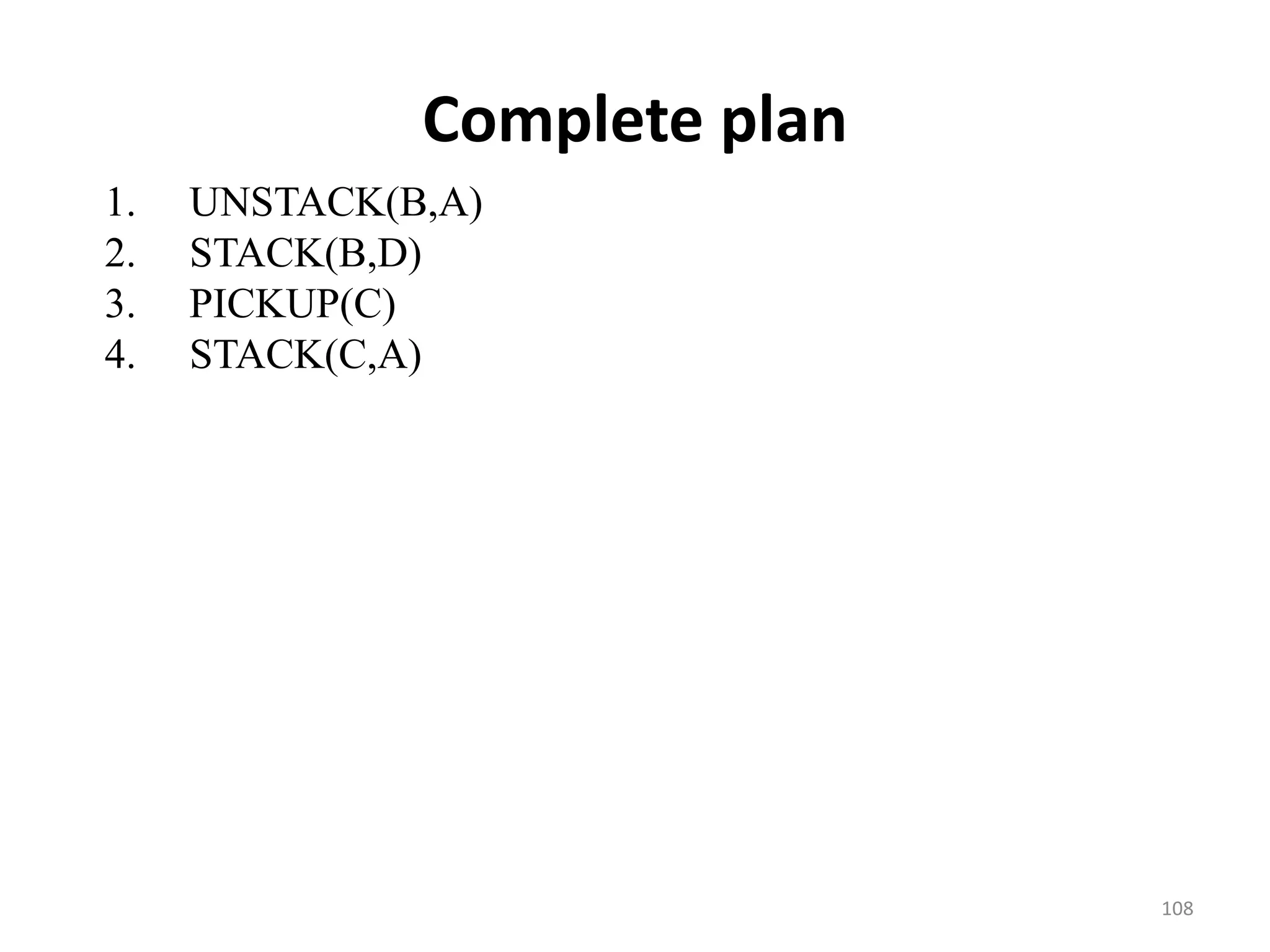 Complete plan
1. UNSTACK(B,A)
2. STACK(B,D)
3. PICKUP(C)
4. STACK(C,A)
108
 