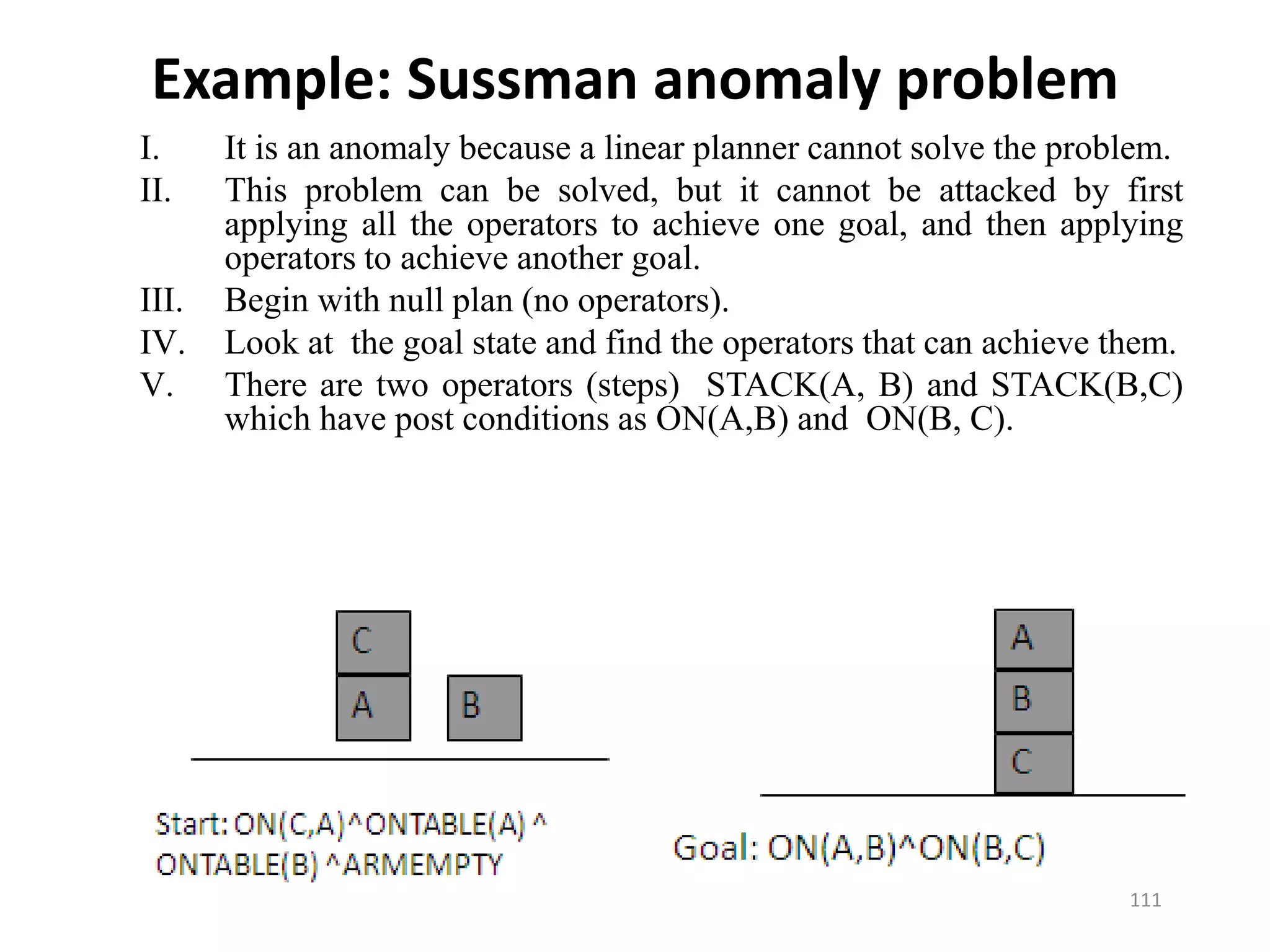Example: Sussman anomaly problem
I. It is an anomaly because a linear planner cannot solve the problem.
II. This problem can be solved, but it cannot be attacked by first
applying all the operators to achieve one goal, and then applying
operators to achieve another goal.
III. Begin with null plan (no operators).
IV. Look at the goal state and find the operators that can achieve them.
V. There are two operators (steps) STACK(A, B) and STACK(B,C)
which have post conditions as ON(A,B) and ON(B, C).
111
 