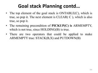 Goal stack Planning contd…
• The top element of the goal stack is ONTABLE(C), which is
true, so pop it. The next element is CLEAR( C ), which is also
true, so pop it.
• The remaining precondition of PICKUP(C) is ARMEMPTY,
which is not true, since HOLDING(B) is true.
• There are two operators that could be applied to make
ARMEMPTY true: STACK(B,X) and PUTDOWN(B)
105
 