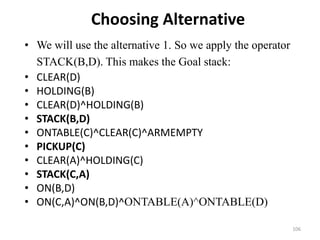 Choosing Alternative
• We will use the alternative 1. So we apply the operator
STACK(B,D). This makes the Goal stack:
• CLEAR(D)
• HOLDING(B)
• CLEAR(D)^HOLDING(B)
• STACK(B,D)
• ONTABLE(C)^CLEAR(C)^ARMEMPTY
• PICKUP(C)
• CLEAR(A)^HOLDING(C)
• STACK(C,A)
• ON(B,D)
• ON(C,A)^ON(B,D)^ONTABLE(A)^ONTABLE(D)
106
 