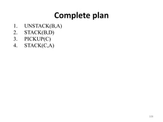 Complete plan
1. UNSTACK(B,A)
2. STACK(B,D)
3. PICKUP(C)
4. STACK(C,A)
108
 