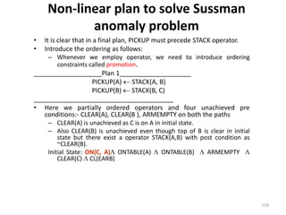Non-linear plan to solve Sussman
anomaly problem
• It is clear that in a final plan, PICKUP must precede STACK operator.
• Introduce the ordering as follows:
– Whenever we employ operator, we need to introduce ordering
constraints called promotion.
___________________Plan 1____________________
PICKUP(A)  STACK(A, B)
PICKUP(B)  STACK(B, C)
_______________________________________
• Here we partially ordered operators and four unachieved pre
conditions:- CLEAR(A), CLEAR(B ), ARMEMPTY on both the paths
– CLEAR(A) is unachieved as C is on A in initial state.
– Also CLEAR(B) is unachieved even though top of B is clear in initial
state but there exist a operator STACK(A,B) with post condition as
~CLEAR(B).
Initial State: ON(C, A) ONTABLE(A)  ONTABLE(B)  ARMEMPTY 
CLEAR(C)  CL(EARB)
119
 