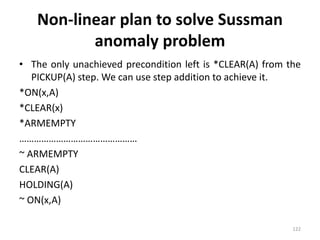 Non-linear plan to solve Sussman
anomaly problem
• The only unachieved precondition left is *CLEAR(A) from the
PICKUP(A) step. We can use step addition to achieve it.
*ON(x,A)
*CLEAR(x)
*ARMEMPTY
…………………………………………
~ ARMEMPTY
CLEAR(A)
HOLDING(A)
~ ON(x,A)
122
 