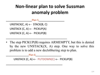 Non-linear plan to solve Sussman
anomaly problem
_________________Plan 5_________________
UNSTACK(C, A)  STACK(B, C)
UNSTACK (C, A)  PICKUP(A)
UNSTACK (C, A)  PICKUP(B)
________________________________________
• The step PICKUP(B) requires ARMEMPTY, but this is denied
by the new UNSTACK(X, A) step. One way to solve this
problem is to add a new declobbering step to plan.
_______________Plan 6_________________
UNSTACK (C, A)  PUTDOWN(C)  PICKUP(B)
_____________________________________
124
 