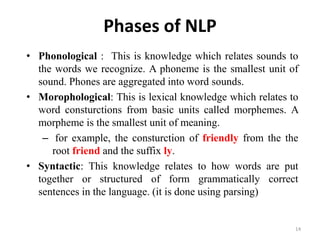 Phases of NLP
• Phonological : This is knowledge which relates sounds to
the words we recognize. A phoneme is the smallest unit of
sound. Phones are aggregated into word sounds.
• Morophological: This is lexical knowledge which relates to
word consturctions from basic units called morphemes. A
morpheme is the smallest unit of meaning.
– for example, the consturction of friendly from the the
root friend and the suffix ly.
• Syntactic: This knowledge relates to how words are put
together or structured of form grammatically correct
sentences in the language. (it is done using parsing)
14
 