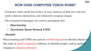 HOW DOES COMPUTER VISION WORK?
Computer vision needs lots of data. It runs analyses of data over and over
until it discerns distinctions and ultimately recognize images.
Two essential technologies are used to accomplish this:
1. Deep learning
2. Convolution Neural Network (CNN).
Example:
Deep learning and CNNs are used in self-driving cars to identify objects on
the road, in facial recognition software to identify people, and in medical
imaging to diagnose diseases.
 