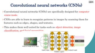 Convolutional neural networks (CNNs)
Convolutional neural networks (CNNs) are specifically designed for computer
vision tasks.
CNNs are able to learn to recognize patterns in images by scanning them for
features such as edges, shapes, and textures.
This makes them well-suited for tasks such as object detection, image
classification, and facial recognition.
 