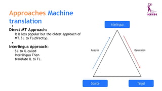 Approaches Machine
translation
Direct MT Approach:
It is less popular but the oldest approach of
MT. SL to TL(directly).
Interlingua Approach:
SL to IL called
Interlingua Then
translate IL to TL.
 