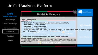 Unified Analytics Platform
Databricks Workspace
Collaborative Notebooks, Production Jobs
Databricks Runtime
Databricks Cloud Service
Transactions Indexing
ML Frameworks
Blob Storage
Data Lake Storage
AZURE
DATA SOURCES
Event Hub
IoT Hub
Synapse Analytics
Cosmos DB
Azure Data Factory
# Read Configuration
readConfig = {
"Endpoint": "https://doctorwho.documents.azure.com:443/",
"Masterkey": "YOUR-KEY-HERE",
"Database": "DepartureDelays",
"Collection": "flights_pcoll",
"query_custom": "SELECT c.date, c.delay, c.origin, c.destination FROM c WHERE c.origin
= 'SEA'" // Optional
}
# Connect via azure-cosmosdb-spark to create Spark DataFrame
flights = spark.read.format(
"com.microsoft.azure.cosmosdb.spark").options(**readConfig).load()
flights.count()
 