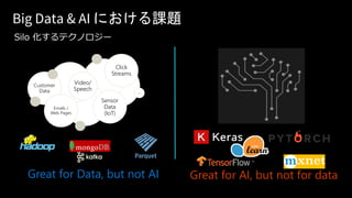 Big Data & AI における課題
Silo 化するテクノロジー
Great for Data, but not AI Great for AI, but not for data
Customer
Data
Emails /
Web Pages
Sensor
Data
(IoT)
Video/
Speech
Click
Streams
…
 