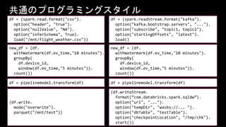 共通のプログラミングスタイル
df = (spark.readStream.format("kafka").
option("kafka.bootstrap.servers", "...").
option("subscribe", "topic1, topic2").
option("startingOffsets", "latest").
load()
df = (spark.read.format("csv").
option("header", "true").
option("nullValue", "NA").
option("inferSchema", True).
load("/mnt/flight_weather.csv"))
df = pipelinemodel.transform(df) df = pipelinemodel.transform(df)
new_df = (df.
withWatermark(df.ev_time,"10 minutes").
groupBy(
df.device_id,
window(df.ev_time,"5 minutes")).
count())
new_df = (df.
withWatermark(df.ev_time,"10 minutes").
groupBy(
df.device_id,
window(df.ev_time,"5 minutes")).
count())
(df.write.
mode("overwrite").
parquet("/mnt/test"))
(df.writeStream.
format(“com.databricks.spark.sqldw”).
option("url", "...").
option("tempDir", "wasbs://... ").
option("dbTable", "testTable").
option("checkpointLocation", "/tmp/chk").
start())
 
