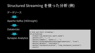 Structured Streaming を使った分析 (例)
データソース
Apache Kafka (HDInsight)
Databricks
# Sink and Start streaming !
df.writeStream
.format("com.databricks.spark.sqldw")
.option("url", "...")
.option("tempDir", "wasbs://... ")
.option("forwardSparkAzureStorageCredentials", "true")
.option("dbTable", "testTable")
.option("checkpointLocation", "/tmp_checkpoint_location")
.start()
Synapse Analytics
 