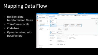 Mapping Data Flow
• Resilient data
transformation Flows
• Transform at scale
• Code-free
• Operationalized with
Data Factory
 