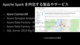 Apache Spark を内包する製品やサービス
• Azure Cosmos DB
• Azure Synapse Analytics
• Azure Data Factory - Mapping Data Flow *
• Azure Data Factory - Wrangling Data Flow
• SQL Server 2019 Big Data Cluster
* : Azure Databricks を使用
 