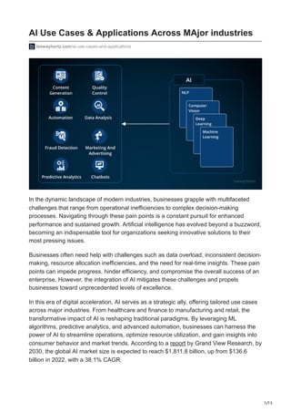 1/15
AI Use Cases & Applications Across MAjor industries
leewayhertz.com/ai-use-cases-and-applications
In the dynamic landscape of modern industries, businesses grapple with multifaceted
challenges that range from operational inefficiencies to complex decision-making
processes. Navigating through these pain points is a constant pursuit for enhanced
performance and sustained growth. Artificial intelligence has evolved beyond a buzzword,
becoming an indispensable tool for organizations seeking innovative solutions to their
most pressing issues.
Businesses often need help with challenges such as data overload, inconsistent decision-
making, resource allocation inefficiencies, and the need for real-time insights. These pain
points can impede progress, hinder efficiency, and compromise the overall success of an
enterprise. However, the integration of AI mitigates these challenges and propels
businesses toward unprecedented levels of excellence.
In this era of digital acceleration, AI serves as a strategic ally, offering tailored use cases
across major industries. From healthcare and finance to manufacturing and retail, the
transformative impact of AI is reshaping traditional paradigms. By leveraging ML
algorithms, predictive analytics, and advanced automation, businesses can harness the
power of AI to streamline operations, optimize resource utilization, and gain insights into
consumer behavior and market trends. According to a report by Grand View Research, by
2030, the global AI market size is expected to reach $1,811.8 billion, up from $136.6
billion in 2022, with a 38.1% CAGR.
 