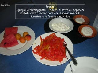 Pranzo
Spiego: la formaggetta, i fiocchi di latte e i peperoni
  stufati, costituiscono porzione singola; invece la
           ricottina e la frutta sono x due.
 