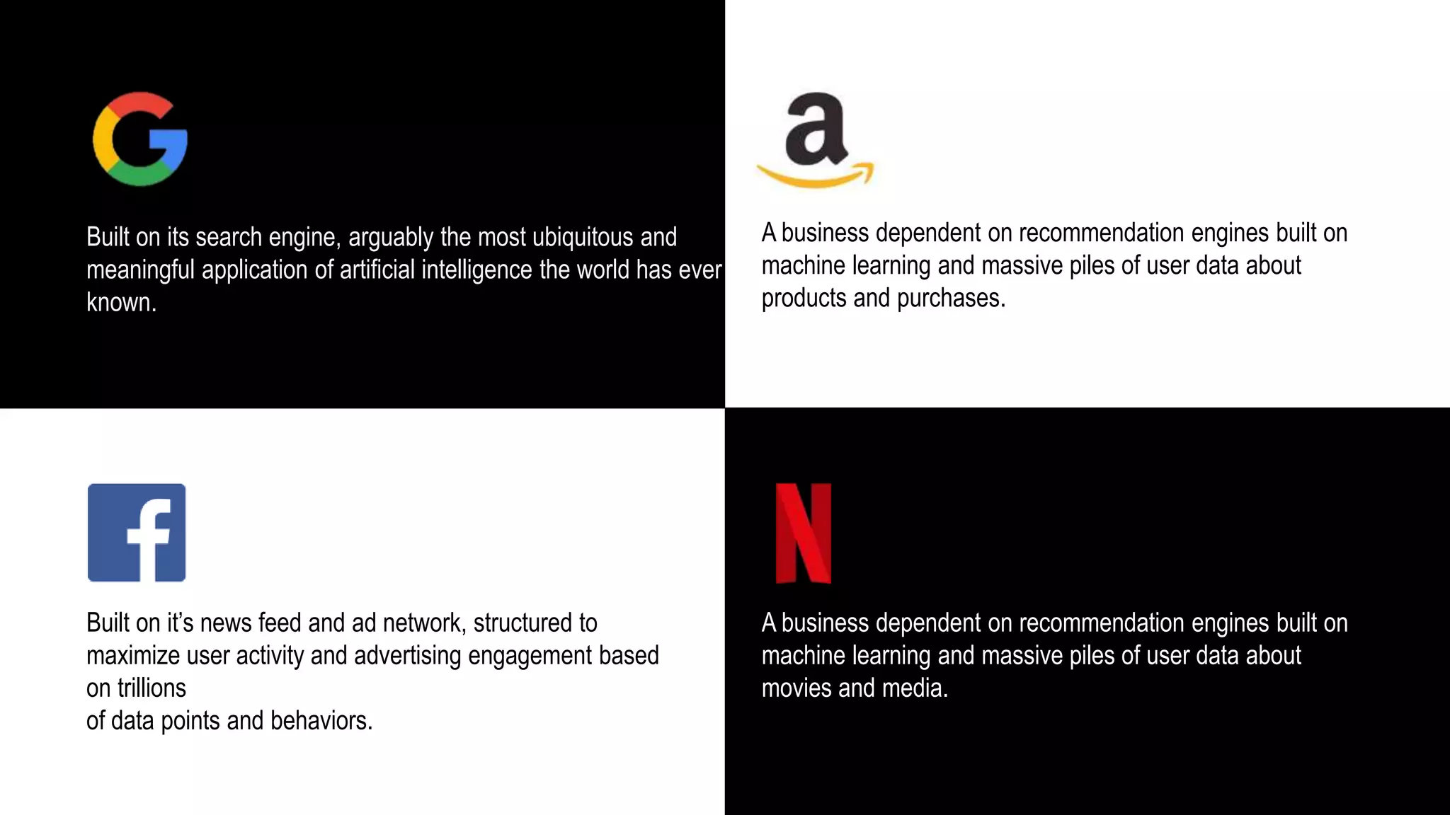 A business dependent on recommendation engines built on
machine learning and massive piles of user data about
products and purchases.
Built on it’s news feed and ad network, structured to
maximize user activity and advertising engagement based
on trillions
of data points and behaviors.
A business dependent on recommendation engines built on
machine learning and massive piles of user data about
movies and media.
Built on its search engine, arguably the most ubiquitous and
meaningful application of artificial intelligence the world has ever
known.
 