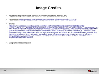 Image Credits 
● Keystone: http://buffaloah.com/a/DCTNRY/k/keystone_fairfax.JPG 
● Federation: http://pixabay.com/en/networks-internet-facebook-social-232313/ 
● SAML: 
http://www.websequencediagrams.com/?lz=cGFydGljaXBhbnQgU2VydmljZSBQcm92 
aWRlcgoAEQxVcwACD0lkZW50aXR5ACUKClVzZXItPgA3EDogUmVxdWVzdCBQcm90ZWN0ZWQ 
gUmVzb3VyY2UKbm90ZSBsZWZ0IG9mAHAROiBHZW5lcmF0ZSBTQU1MIHIAQgYKAIEZEC0-K1 
VzAGMGZGlyZWN0IHRvAIEOEiBTU08gVVJMAIEgBwCBLxE6IACBCAZyaWdoAIEKBQAPEwCBA 
BBzcG9uc2UKAIF7ES0-AIEMBVJldHVybgCBNwZhc3NlcnRpb24AgiAHLQCCFxEAgUUTAIFP 
CABCBQCCLQg&s=patent 
● Diagrams: https://draw.io 
19 Jamie Lennox 
