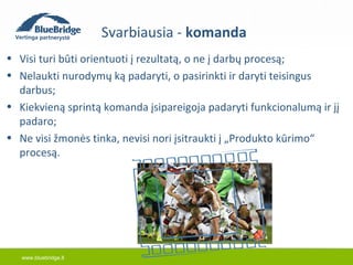 • Visi turi būti orientuoti į rezultatą, o ne į darbų procesą; 
• Nelaukti nurodymų ką padaryti, o pasirinkti ir daryti teisingus 
darbus; 
• Kiekvieną sprintą komanda įsipareigoja padaryti funkcionalumą ir jį 
padaro; 
• Ne visi žmonės tinka, nevisi nori įsitraukti į „Produkto kūrimo“ 
procesą. 
www.bluebridge.lt 
Svarbiausia - komanda 
 
