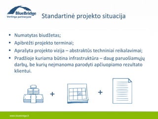 www.bluebridge.lt 
Standartinė projekto situacija 
• Numatytas biudžetas; 
• Apibrėžti projekto terminai; 
• Aprašyta projekto vizija – abstraktūs techniniai reikalavimai; 
• Pradžioje kuriama būtina infrastruktūra – daug paruošiamųjų 
darbų, be kurių neįmanoma parodyti apčiuopiamo rezultato 
klientui. 
+ + 
 