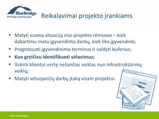 www.bluebridge.lt 
Reikalavimai projekto įrankiams 
• Matyti esamą situaciją viso projekto rėmuose – kiek 
dabartiniu metu įgyvendinta darbų, kiek liko įgyvendinti; 
• Prognozuoti įgyvendinimo terminus ir valdyti buferius; 
• Kuo greičiau identifikuoti vėlavimus; 
• Išskirti klientui vertę nešančias veiklas nuo infrastruktūrinių 
veiklų; 
• Matyti vėluojančių darbų įtaką visam projektui. 
 