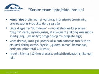 • Komandos preliminariai įvertintas ir produkto šeimininko 
prioretizuotas Produkto darbų sąrašas; 
• Eigos diagrama “Burndown” – nuolat stebima kaip sekasi 
“deginti” darbų sąrašo įrašus, atsižvelgiant į faktinę komandos 
spartą (angl. „velocity“) prognozuojama projekto eiga; 
• Visas darbas, kuris gali potencialiai būti daromas turi iš karto 
atsirasti darbų sąraše. Sąrašas „groominamas“ komandos, 
derinami prioritetai su klientu; 
• Įtraukti klientą į kūrimo procesą, anksti diegti, gauti grįžtamąjį 
ryšį. 
www.bluebridge.lt 
“Scrum team” projekto įrankiai 
 