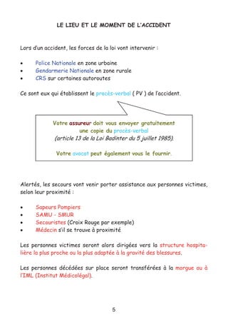 5
LE LIEU ET LE MOMENT DE L’ACCIDENT
Lors d’un accident, les forces de la loi vont intervenir :
• Police Nationale en zone urbaine
• Gendarmerie Nationale en zone rurale
• CRS sur certaines autoroutes
Ce sont eux qui établissent le procès-verbal ( PV ) de l’accident.
Alertés, les secours vont venir porter assistance aux personnes victimes,
selon leur proximité :
• Sapeurs Pompiers
• SAMU - SMUR
• Secouristes (Croix Rouge par exemple)
• Médecin s’il se trouve à proximité
Les personnes victimes seront alors dirigées vers la structure hospita-
lière la plus proche ou la plus adaptée à la gravité des blessures.
Les personnes décédées sur place seront transférées à la morgue ou à
l’IML (Institut Médicolégal).
Votre assureur doit vous envoyer gratuitement
une copie du procès-verbal
(article 13 de la Loi Badinter du 5 juillet 1985).
Votre avocat peut également vous le fournir.
 
