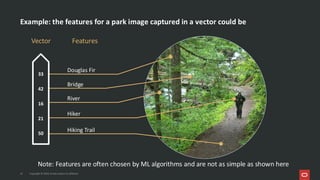 Vector Features
Bridge
Hiking Trail
River
Hiker
Douglas Fir
Example: the features for a park image captured in a vector could be
Copyright © 2026, Oracle and/or its affiliates
Note: Features are often chosen by ML algorithms and are not as simple as shown here
11
33
42
16
21
50
11
 