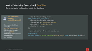 Vector Embedding Generation | Your Way
Generate vector embeddings inside the database
13 Copyright © 2026, Oracle and/or its affiliates
Generate embeddings
using the
VECTOR_EMBEDDING()
SQL function using an
imported ONNX
embedding model, so that
no data leaves
the database
Use a database
resident
embedding model
-- generate vectors from park descriptions
UPDATE parks
SET desc_vector = VECTOR_EMBEDDING(minilm_l12_v2 USING description AS data);
-- import onnx embedding model
DBMS_VECTOR.load_onnx_model(
directory => <database directory>
file_name => 'all_MiniLM_L12_v2.onnx'
model_name => 'minilm_l12_v2',
metadata => <source>
);
4
 