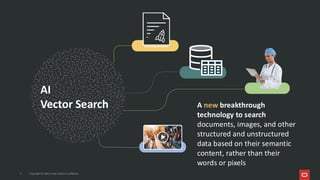 AI
Vector Search
Copyright © 2026, Oracle and/or its affiliates
5
A new breakthrough
technology to search
documents, images, and other
structured and unstructured
data based on their semantic
content, rather than their
words or pixels
 