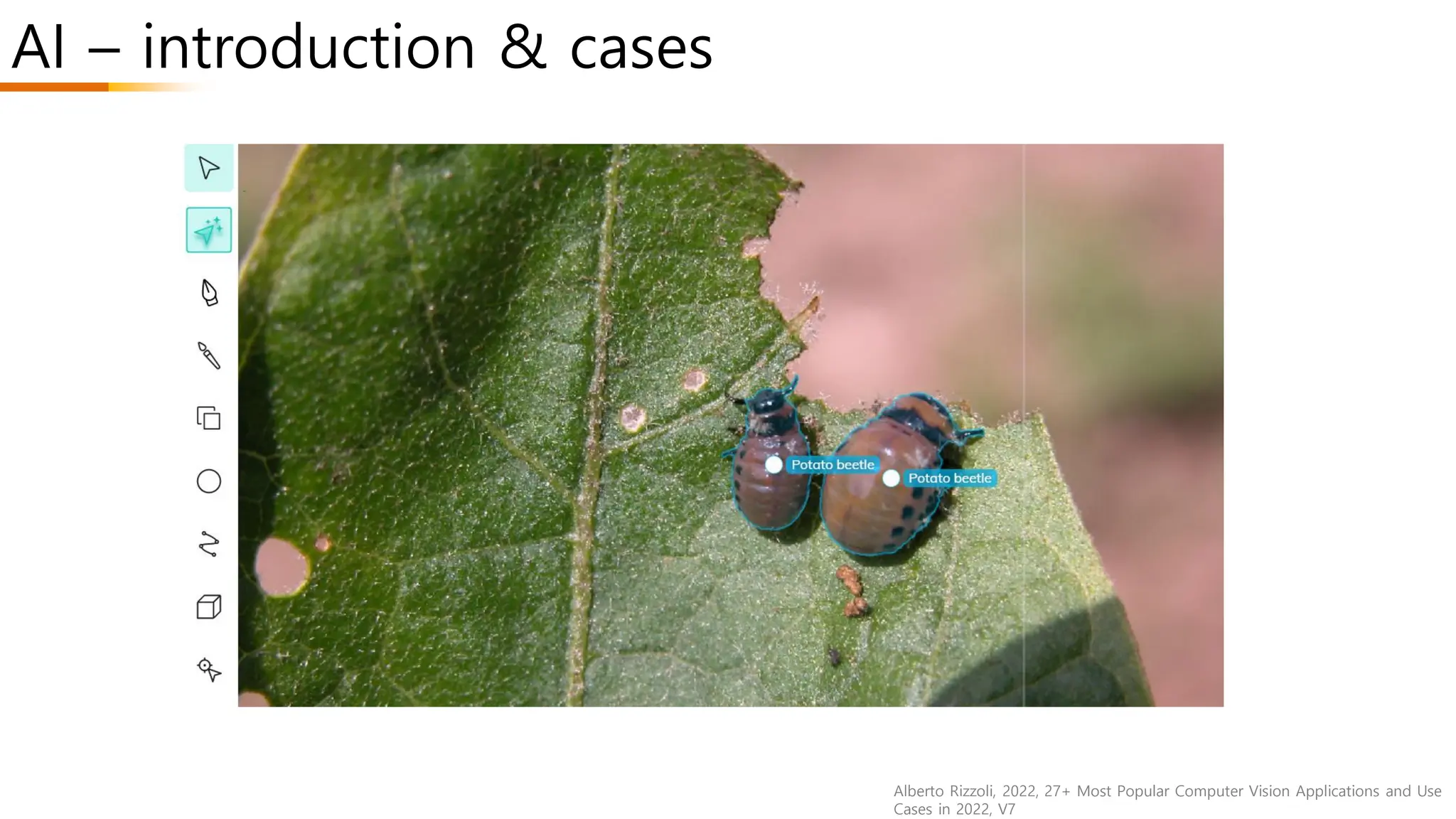 AI – introduction & cases
Alberto Rizzoli, 2022, 27+ Most Popular Computer Vision Applications and Use
Cases in 2022, V7
 