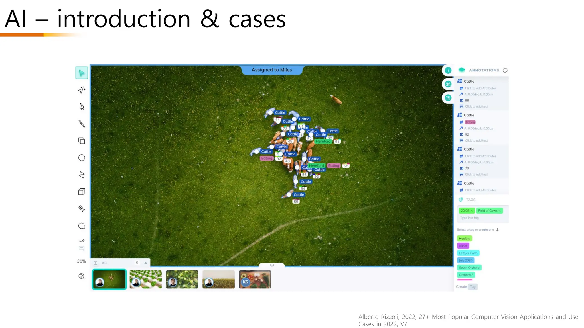 AI – introduction & cases
Alberto Rizzoli, 2022, 27+ Most Popular Computer Vision Applications and Use
Cases in 2022, V7
 