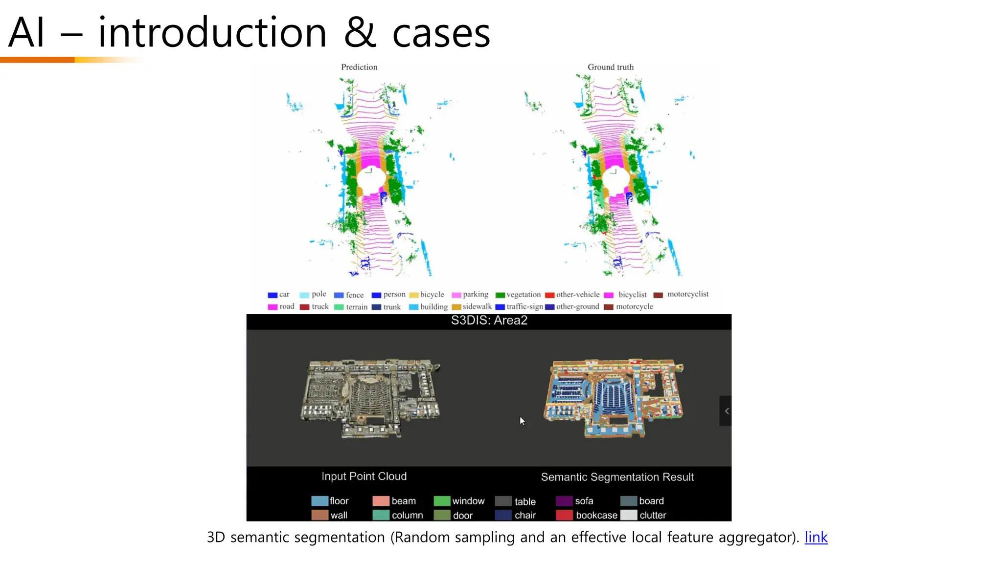 3D semantic segmentation (Random sampling and an effective local feature aggregator). link
AI – introduction & cases
 
