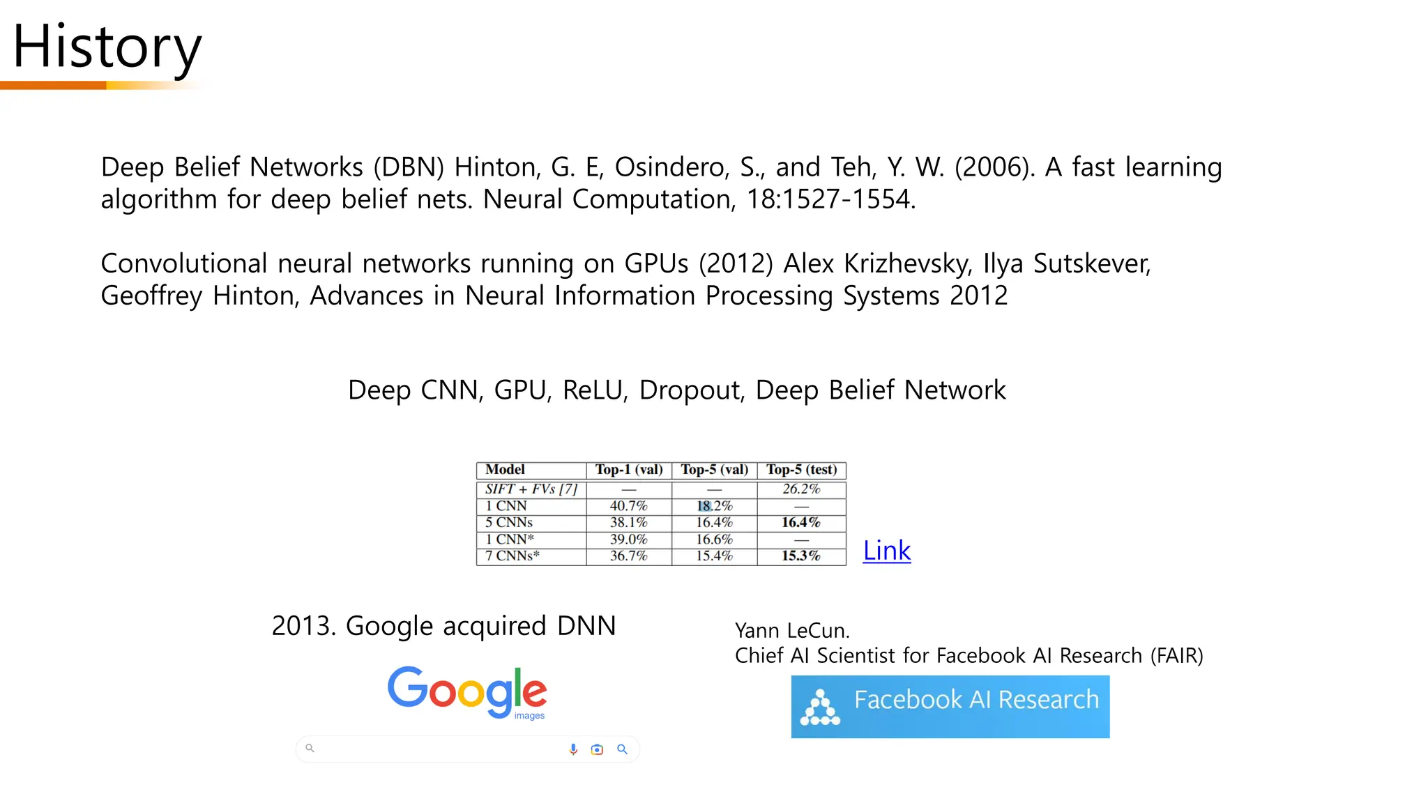 History
Deep Belief Networks (DBN) Hinton, G. E, Osindero, S., and Teh, Y. W. (2006). A fast learning
algorithm for deep belief nets. Neural Computation, 18:1527-1554.
Convolutional neural networks running on GPUs (2012) Alex Krizhevsky, Ilya Sutskever,
Geoffrey Hinton, Advances in Neural Information Processing Systems 2012
Deep CNN, GPU, ReLU, Dropout, Deep Belief Network
2013. Google acquired DNN
Link
Yann LeCun.
Chief AI Scientist for Facebook AI Research (FAIR)
 