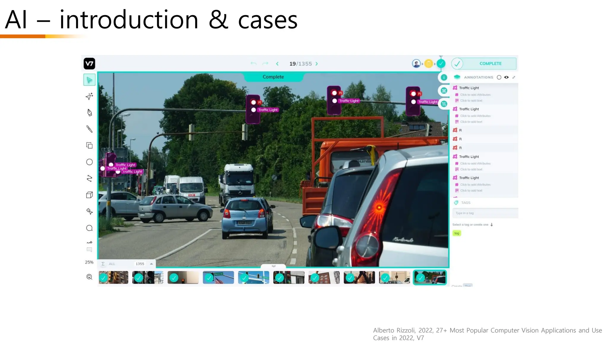 AI – introduction & cases
Alberto Rizzoli, 2022, 27+ Most Popular Computer Vision Applications and Use
Cases in 2022, V7
 